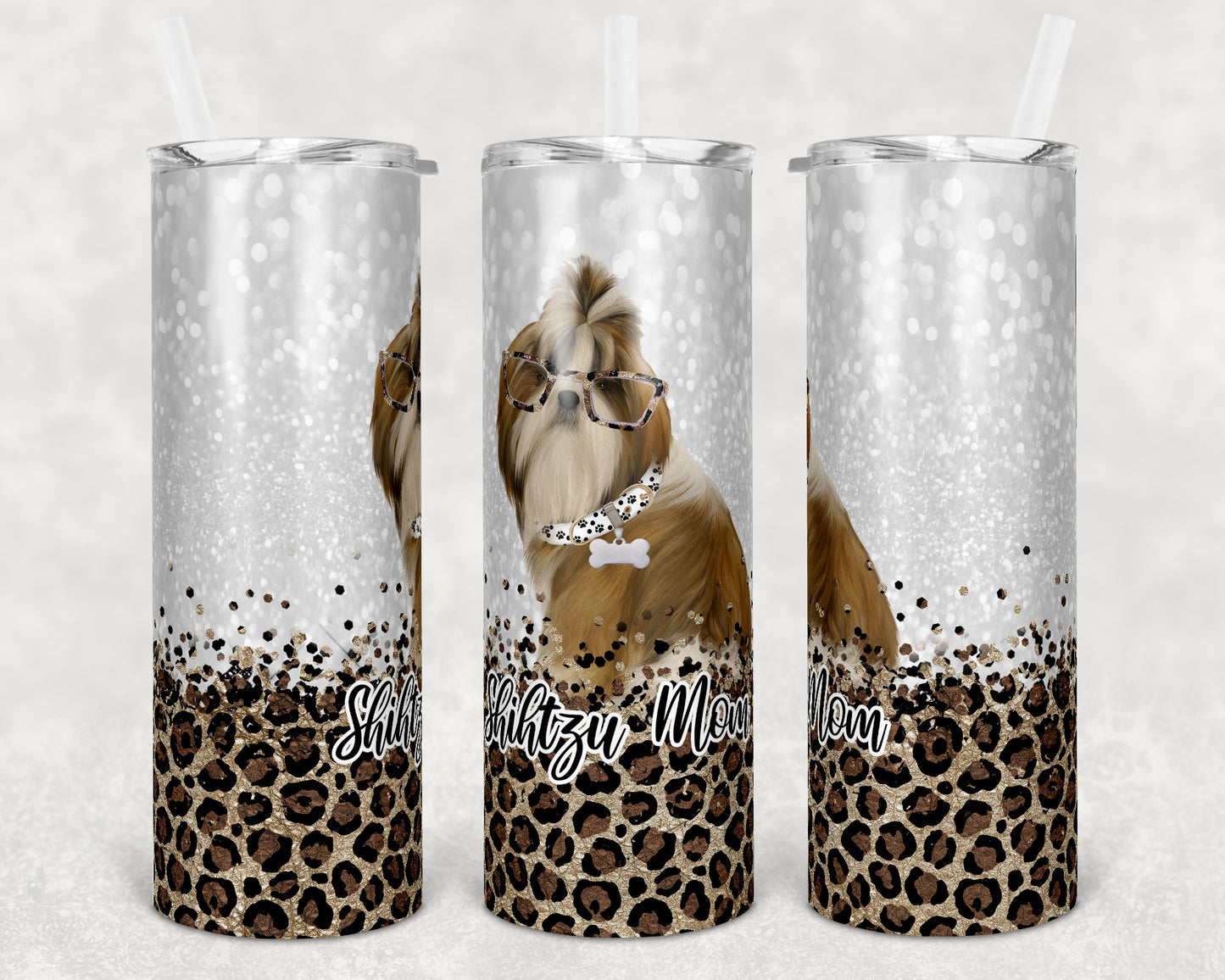 20 oz Skinny Tumbler Sublimation Shihtzu Dog Mom Glitter and Leopard Template Straight Warped