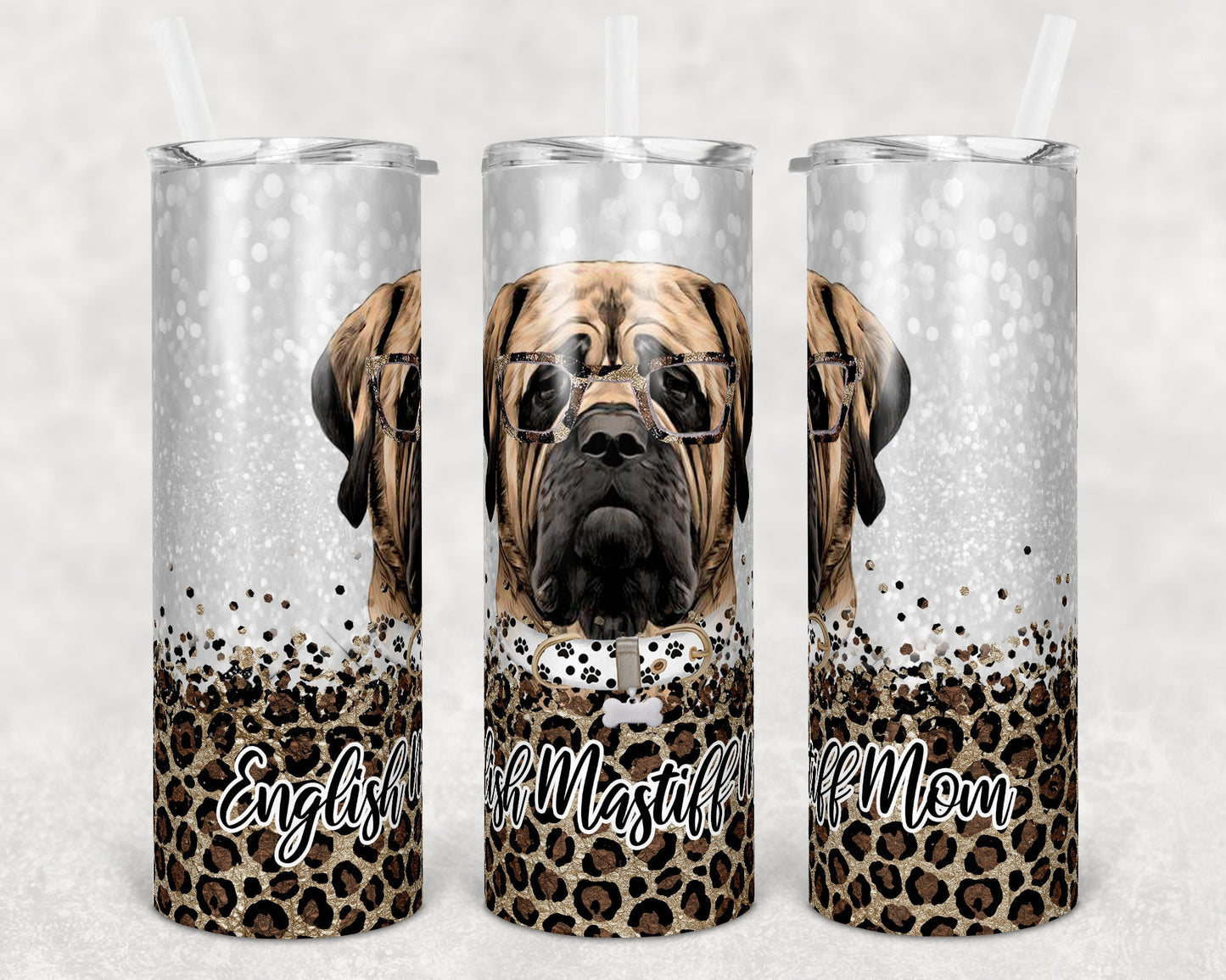 20 oz Skinny Tumbler Sublimation English Mastiff Dog Mom Glitter and Leopard Template Straight Warped