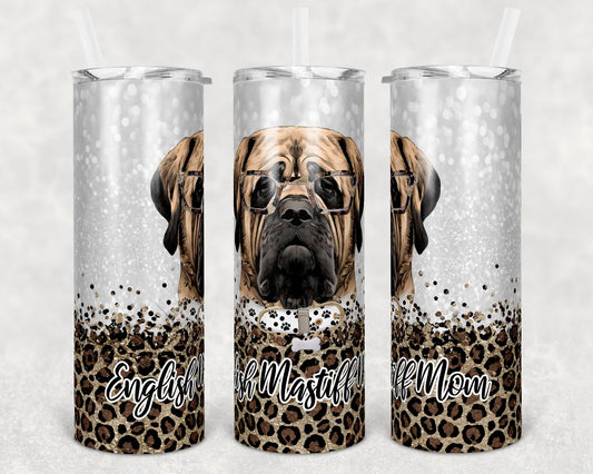 20 oz Skinny Tumbler Sublimation English Mastiff Dog Mom Glitter and Leopard Template Straight Warped