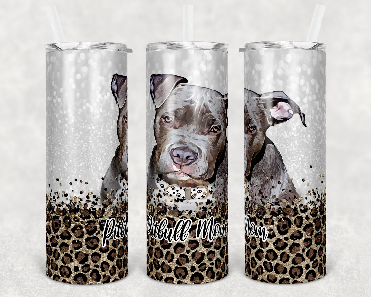 20 oz Skinny Tumbler Sublimation Pitbull Pitty Dog Mom Glitter and Leopard Template Straight Warped