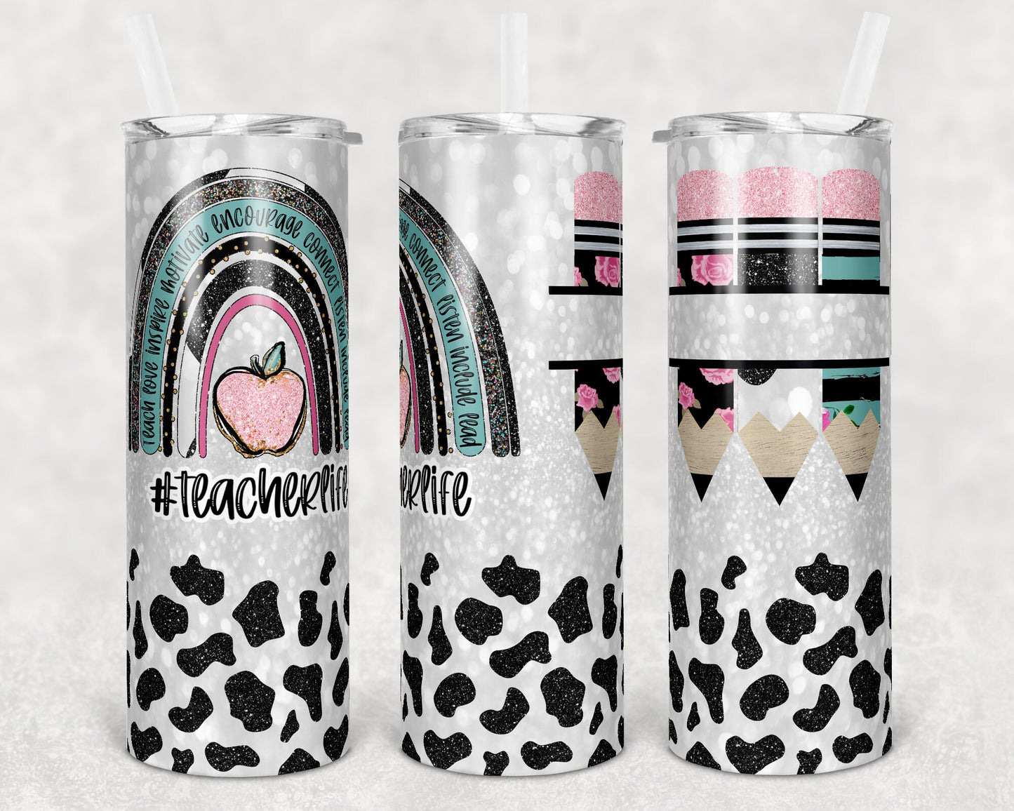 20 oz Skinny Tumbler Rainbow Cow Glitter Teacher Tumbler Pencil Monogram Teacher Life Sublimation Design