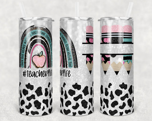 20 oz Skinny Tumbler Rainbow Cow Glitter Teacher Tumbler Pencil Monogram Teacher Life Sublimation Design