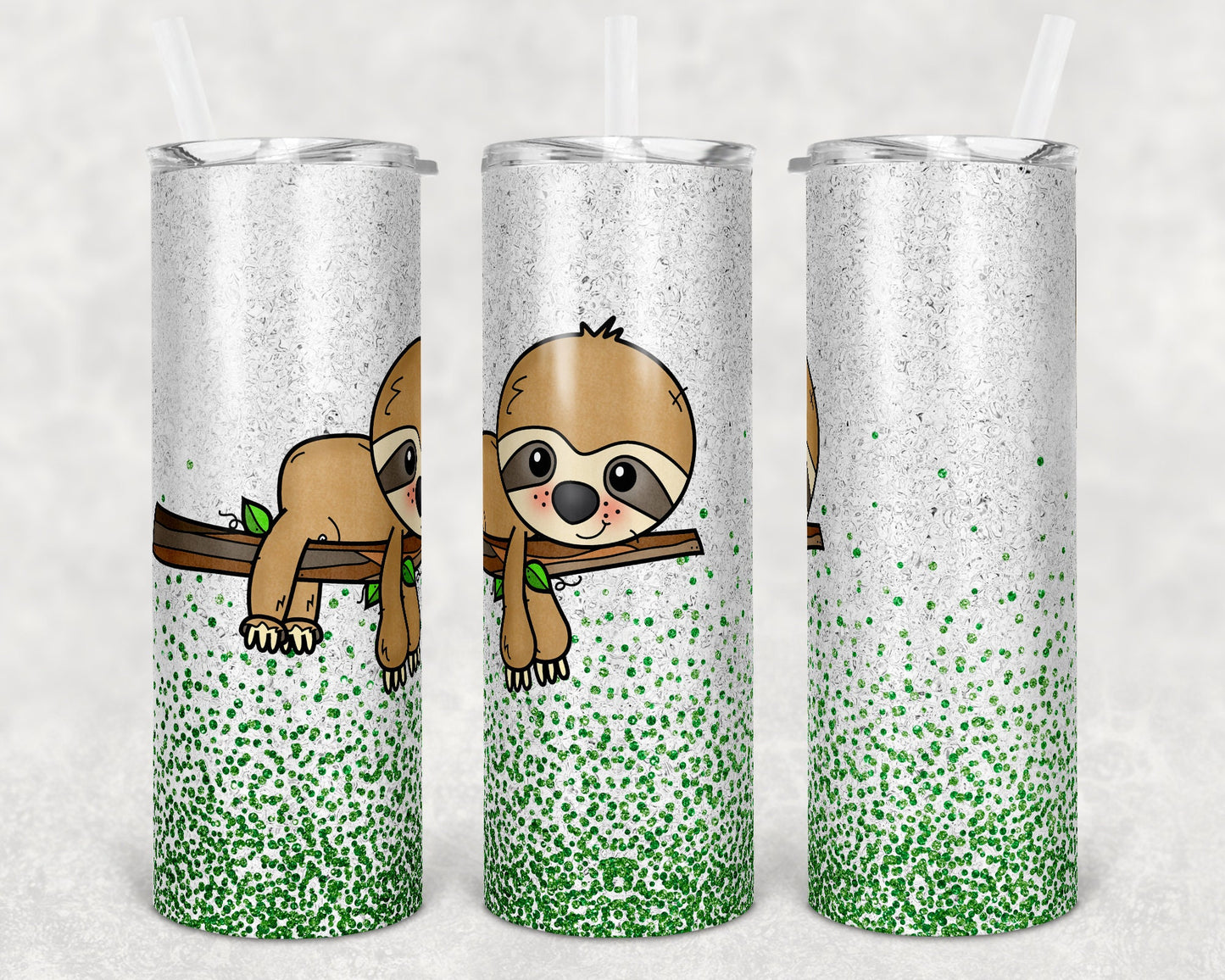 20 oz Skinny Tumbler Sublimation Design Template Glitter Feelin Slothy Need Coffee Straight and Warped