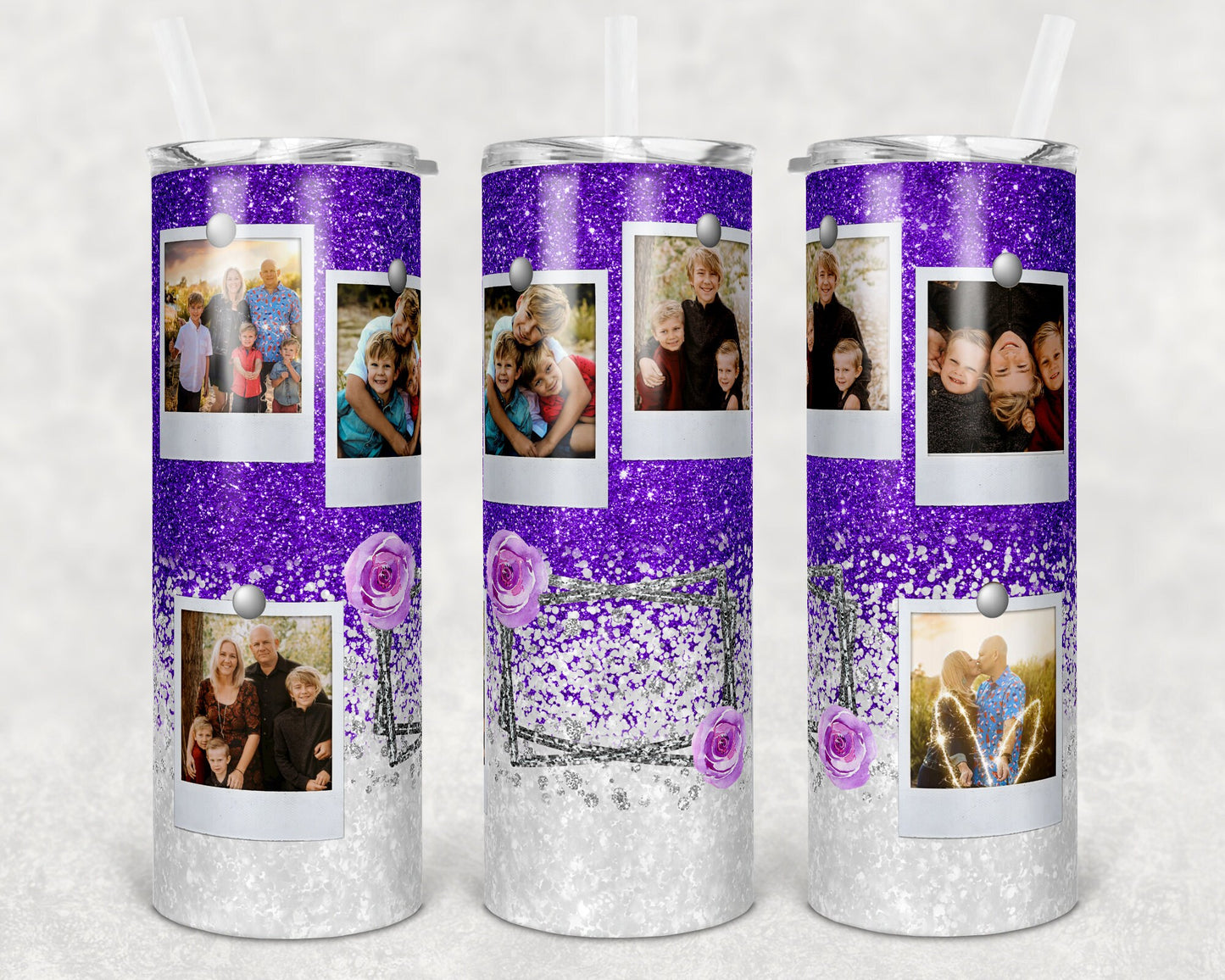 20 oz Skinny Tumbler Frame Purple White Glitter 6 Photo Picture Sublimation Design