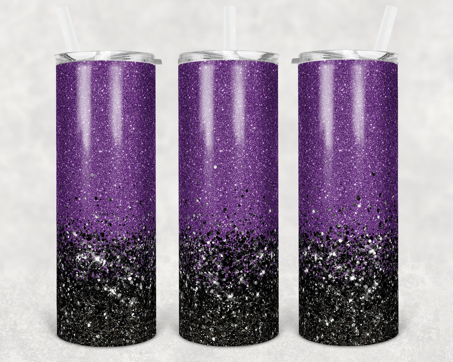 20 oz Skinny Tumbler Sublimation Design Template Glitter Ombre Purple Black Straight Warped Design