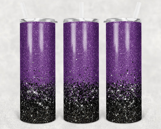 20 oz Skinny Tumbler Sublimation Design Template Glitter Ombre Purple Black Straight Warped Design