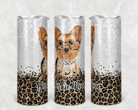 20 oz Skinny Tumbler Sublimation Yorkie Dog Mom Glitter and Leopard Template Straight Warped