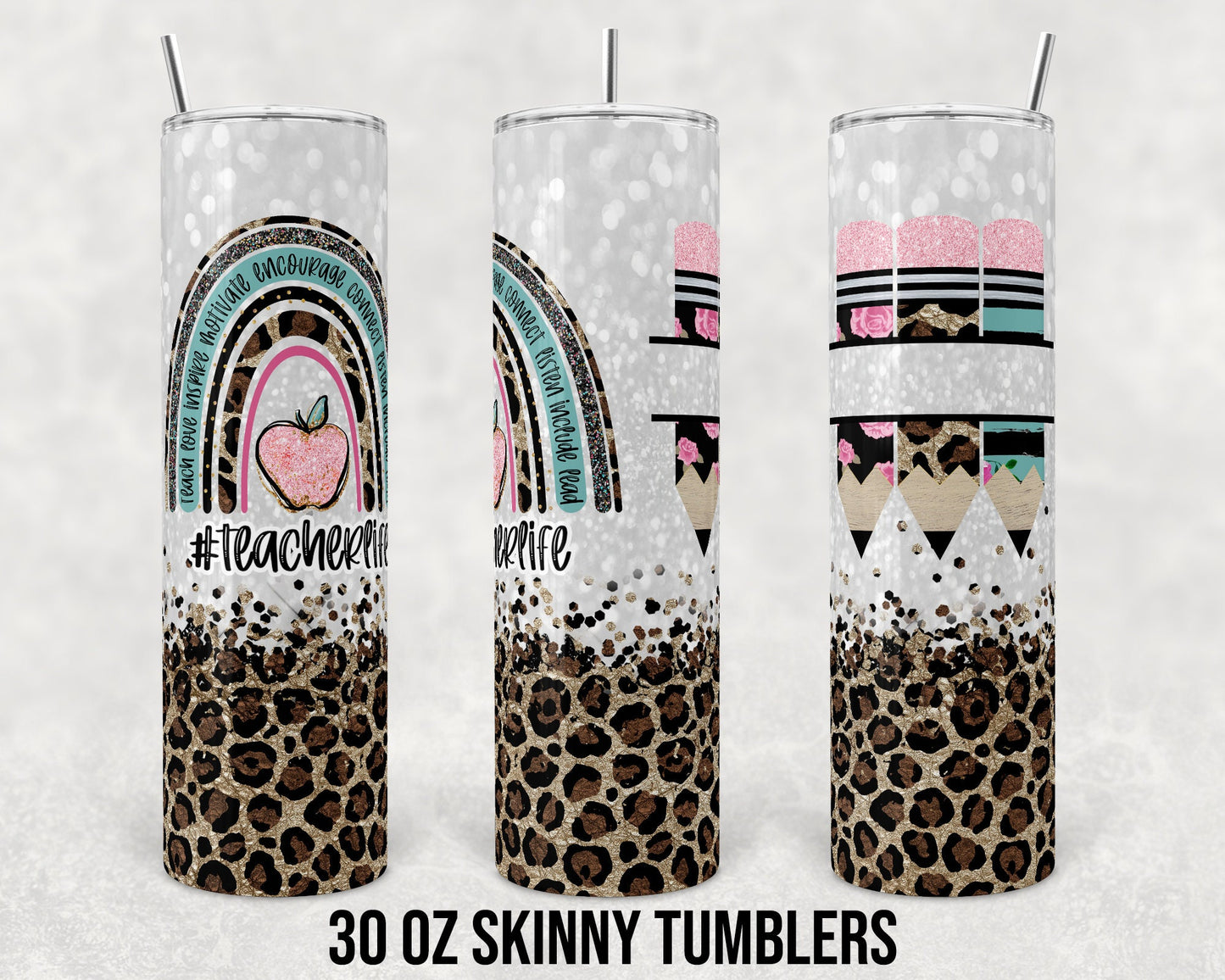 30 oz Skinny Tumbler Sublimation Design Template Teacher Life Leopard and Glitter Straight