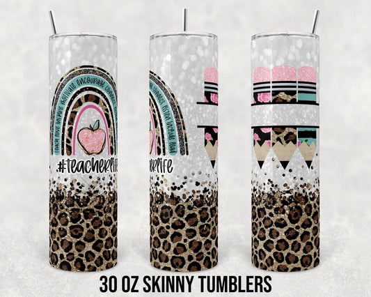 30 oz Skinny Tumbler Sublimation Design Template Teacher Life Leopard and Glitter Straight