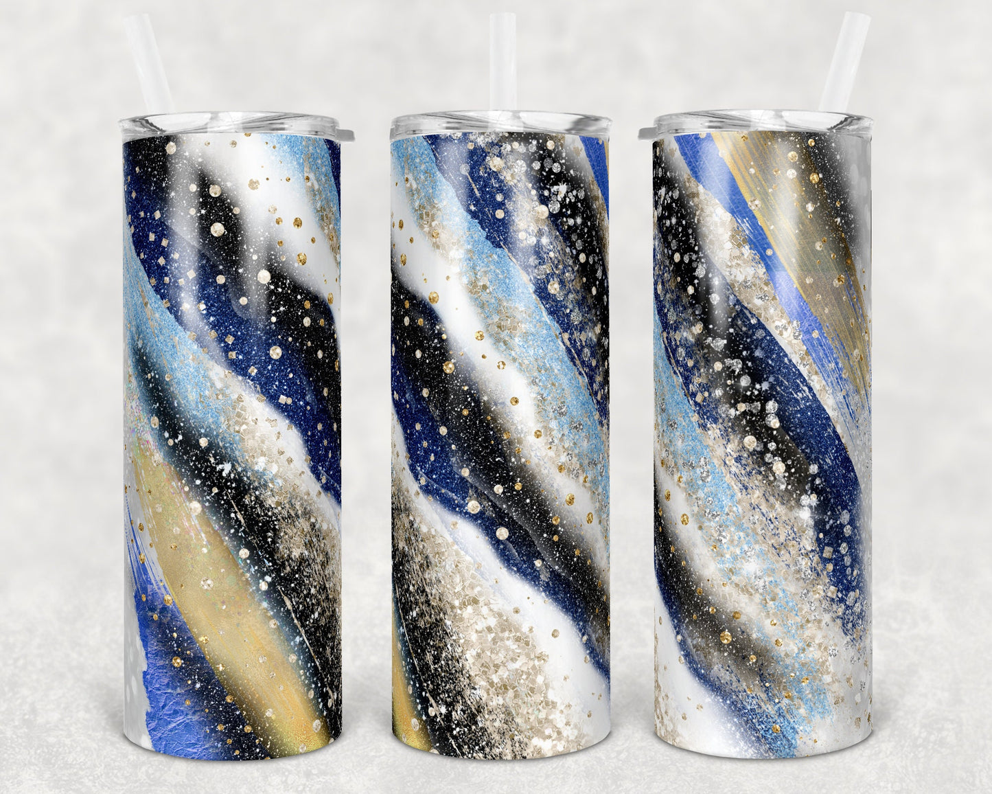 20 oz Skinny Tumbler Sublimation Template Agate Milky Way Blue Gold Straight and Warped Design