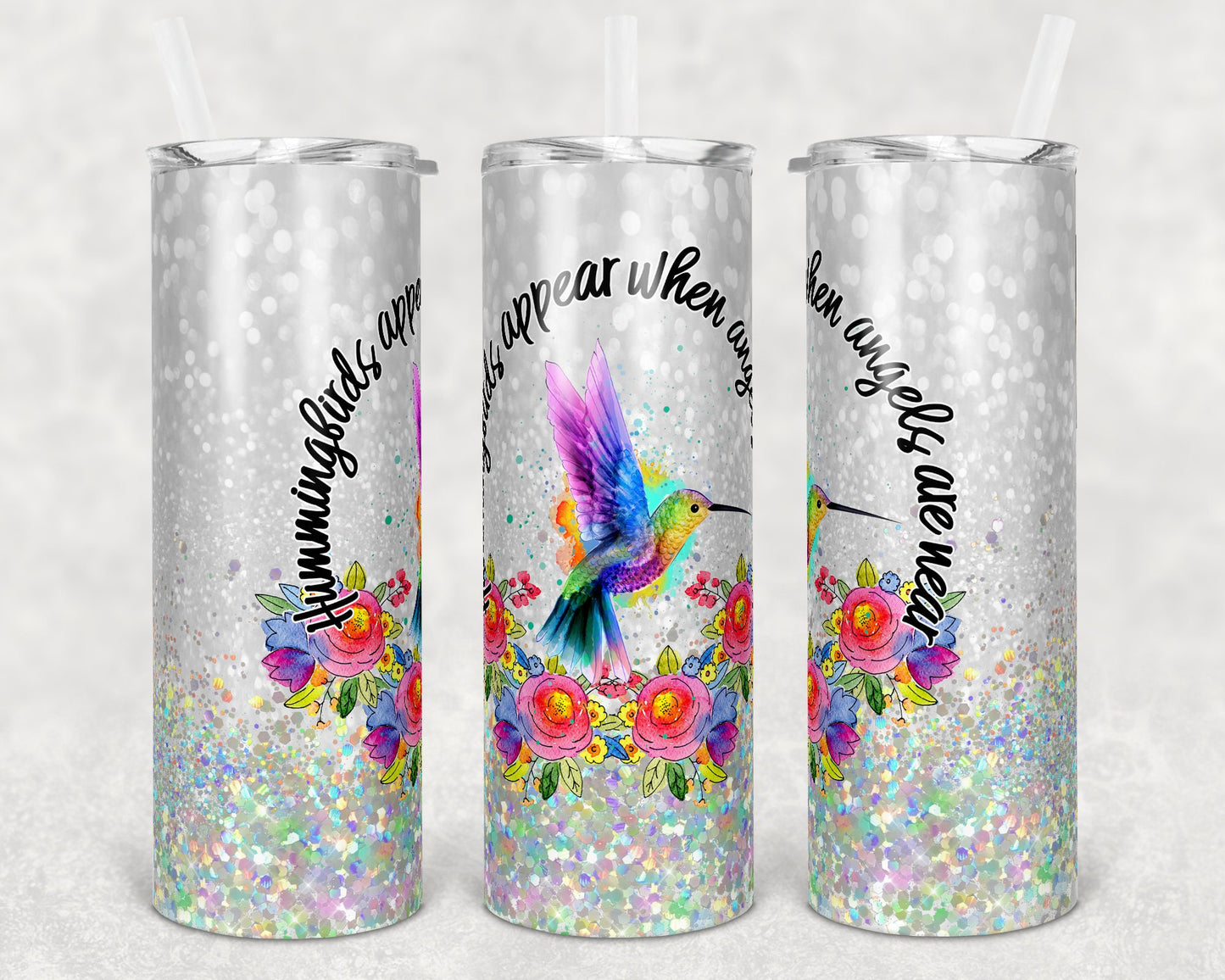20 oz Skinny Tumbler Memorial White Glitter Holo Humming birds appear when angels are near Sublimation Design