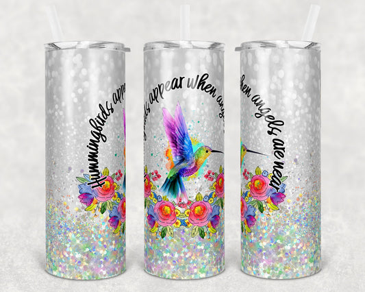 20 oz Skinny Tumbler Memorial White Glitter Holo Humming birds appear when angels are near Sublimation Design