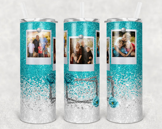 20 oz Skinny Tumbler Frame Teal White Glitter 3 Photo Picture Sublimation Design