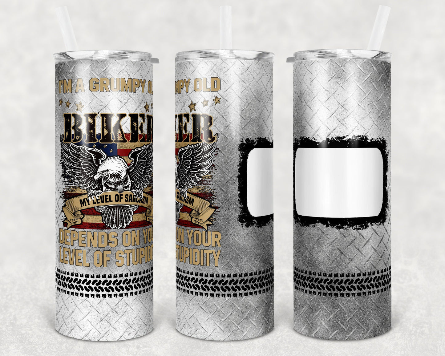 20 oz Skinny Tumbler Sublimation Design Template Biker Grumpy Old Biker with Photo Spot