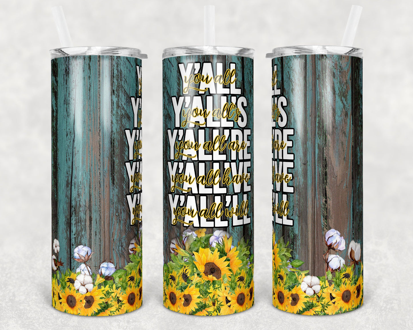 20 oz Skinny Tumbler Wood Sunflower Rustic Sublimation Design Yall Translation Print Transfer