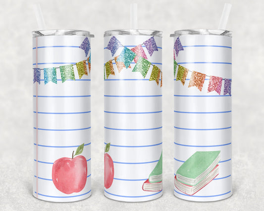 20 oz Skinny Tumbler Teacher Tumbler lined paper apple Sublimation Design