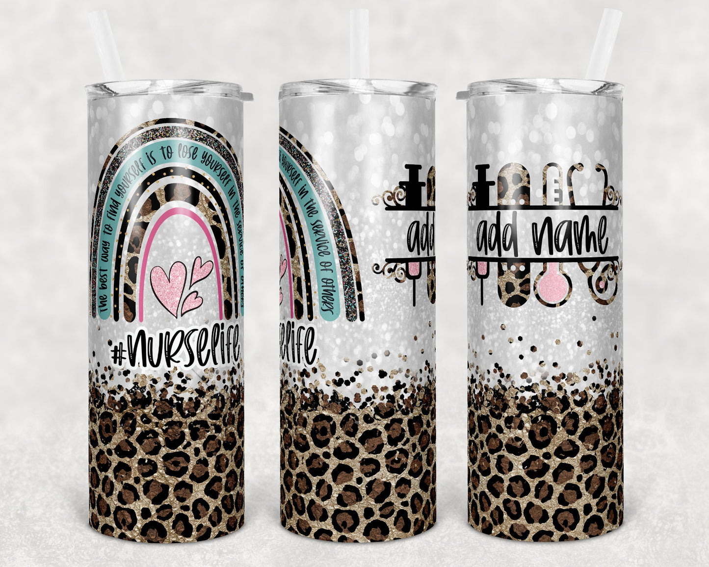 20 oz Skinny Tumbler Rainbow Leopard Glitter Nurse Life Monogram service of others Tumbler Sublimation Design