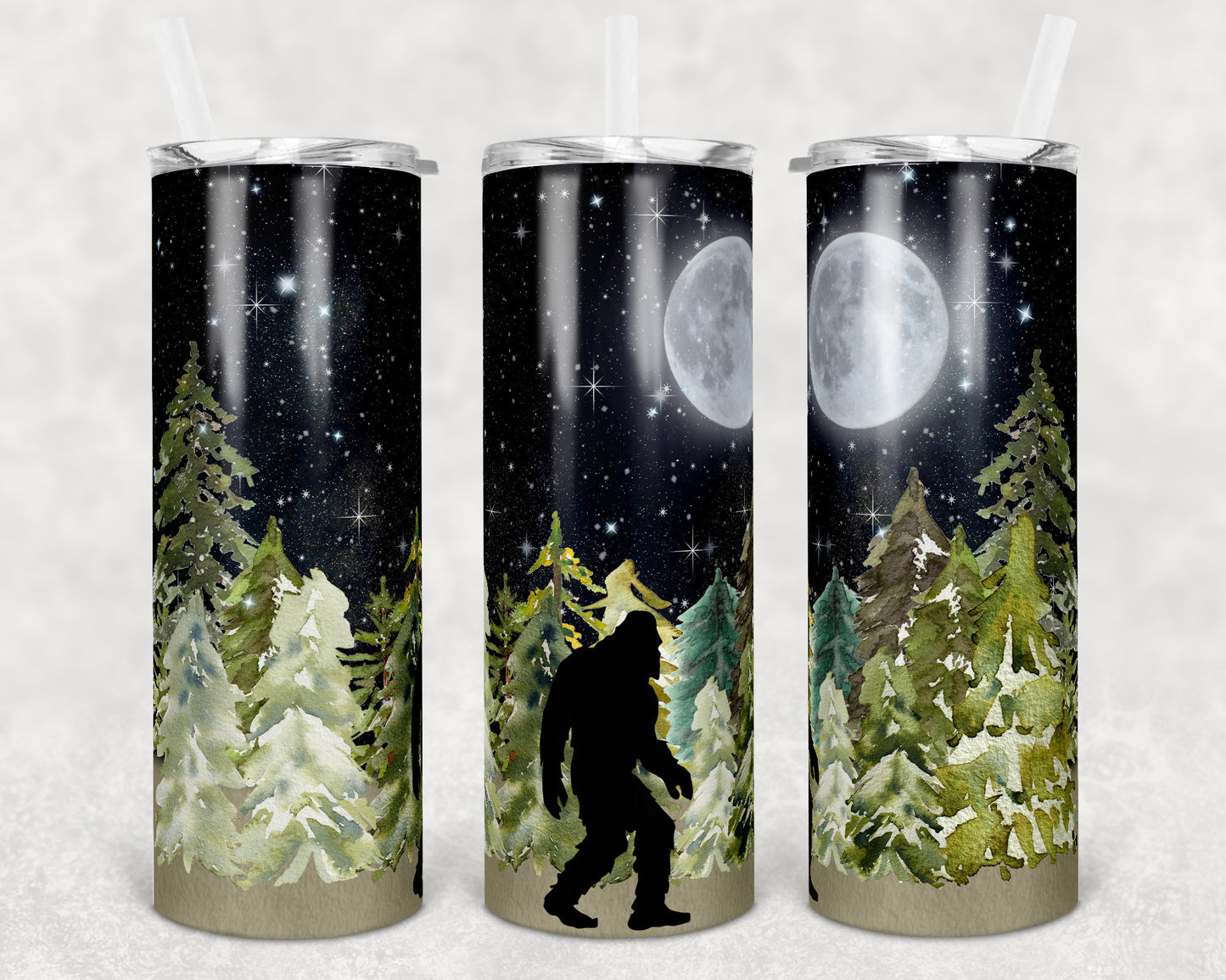 20 oz Skinny Tumbler Sublimation Design Template Galaxy Night Sky Bigfoot Sasquach Silhouette