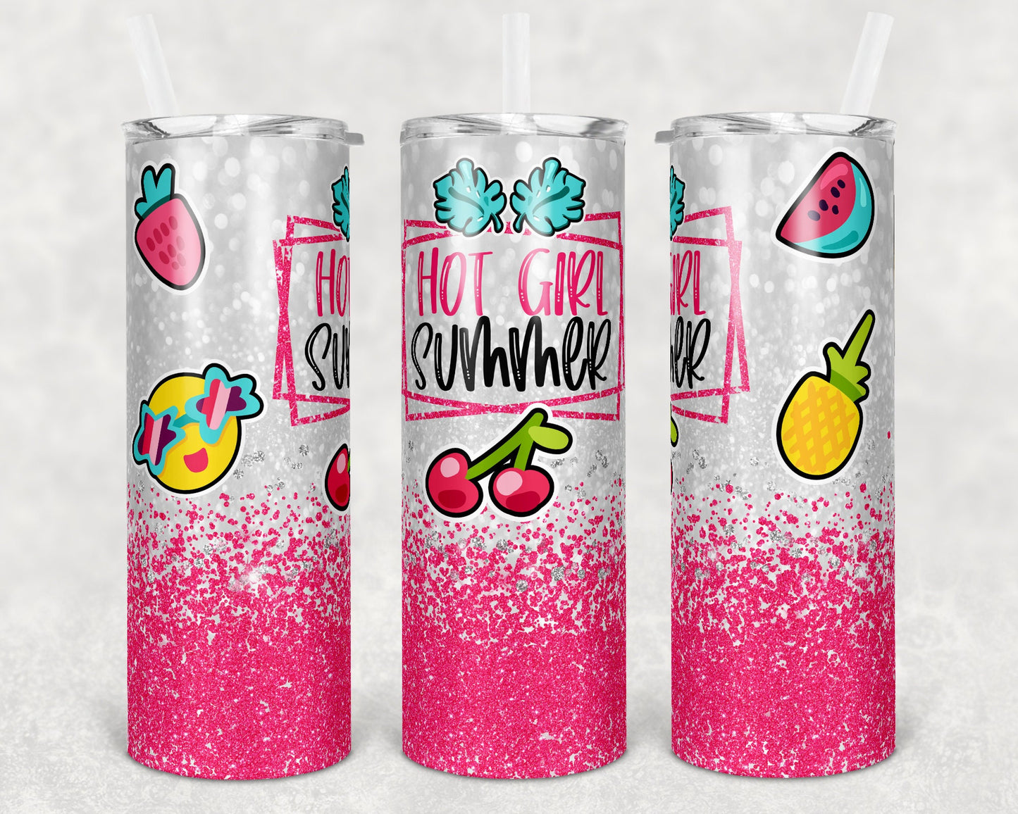 20 oz Skinny Tumbler Sublimation Design Template Glitter Hot Girl Summer Fun Sticker Straight Warped Design