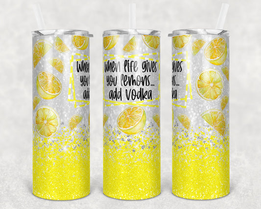 20 oz Skinny Tumbler Sublimation Design Glitter Bright Yellow when life gives you lemons Straight Warped Design