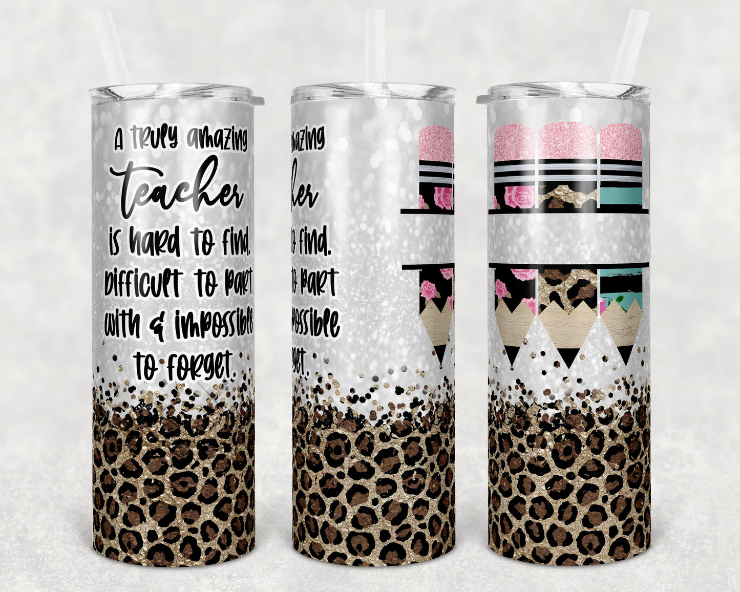 20 oz Skinny Tumbler Rainbow Leopard Glitter Teacher Tumbler Pencil Monogram Teacher Quote Sublimation Design