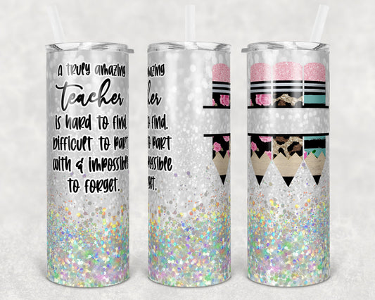 20 oz Skinny Tumbler Holo White Glitter Teacher Tumbler Pencil Monogram Teacher Quote Sublimation Design