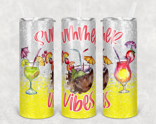 20 oz Skinny Tumbler Sublimation Design Template Glitter Summer Vibes Coctails Straight Warped Design