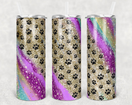 20 oz Skinny Tumbler Sublimation Milky Way Paw Print Gold Purple Glitter and Paw Prints Dog Straight Warped Design