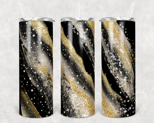 20 oz Skinny Tumbler Sublimation Template Agate Milky Way Glitter Gold Black Straight and Warped Design