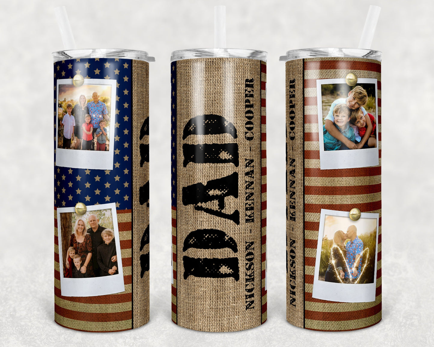 20 oz Skinny Tumbler Picture Frame Tumbler Dad Flag Patriotic 4 photo name plate Sublimation Design usa