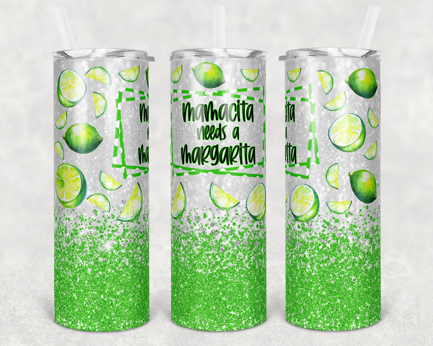 20 oz Skinny Tumbler Sublimation Design Template Glitter Lime with and without text Straight Warped Design