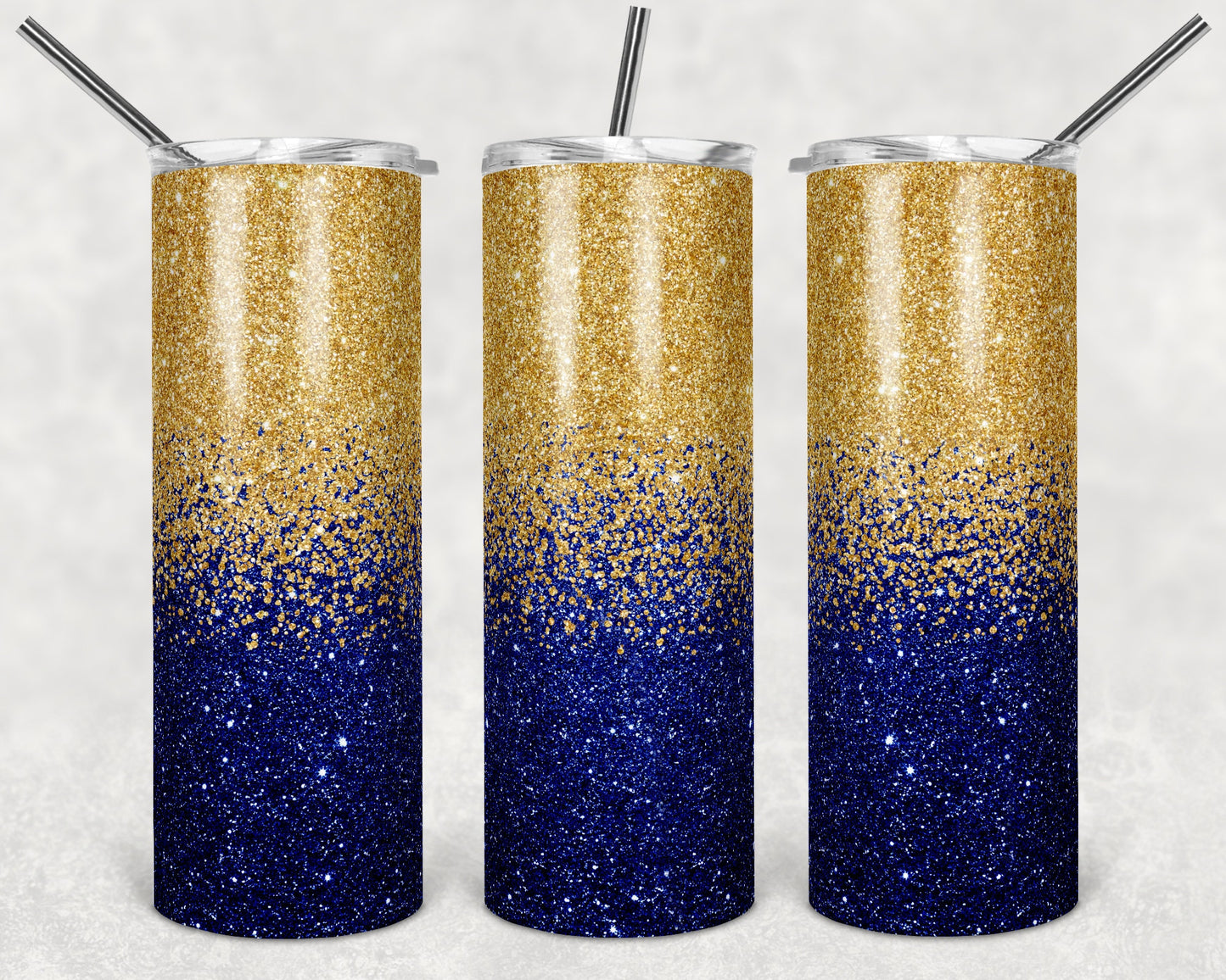 20 oz Skinny Tumbler Sublimation Design Template Glitter Ombre Navy Blue Gold Straight Warped Design