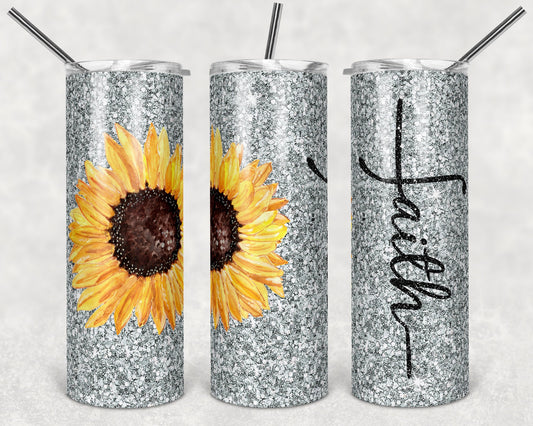 20 oz Skinny Tumbler Silver Sunflower Faith Cross Sublimation Design Print Transfer