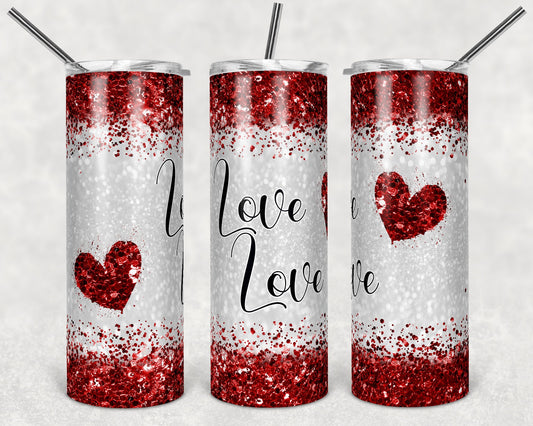 20 oz Skinny Tumbler Sublimation Design Template Love Love Red Glitter Straight and Warped Design