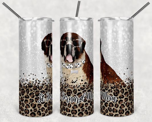 20 oz Skinny Tumbler Sublimation St Bernard Dog Mom Glitter and Leopard Template Straight Warped