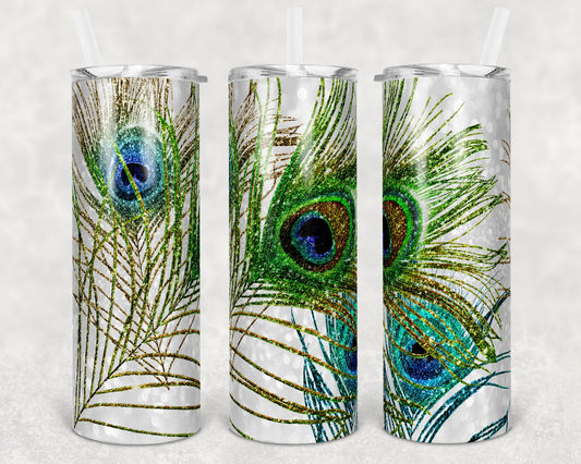 20 oz Skinny Tumbler Sublimation Design Template Feather Peacock Design Glitter