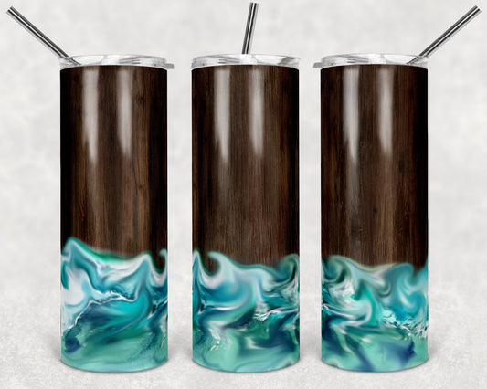 20 oz Skinny Tumbler Ocean Beach Crashing Waves Wood Background Ship Wrecked Sublimation Design