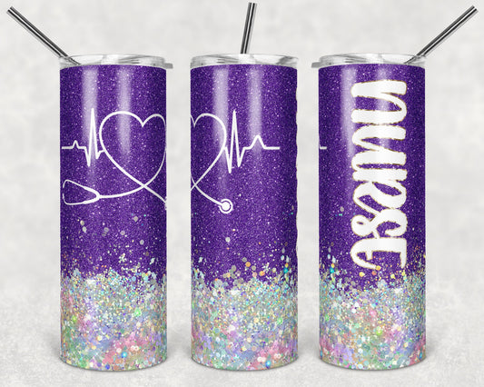 20 oz Skinny Tumbler Sublimation Design Template Glitter Nurse Purple Inst tumblers