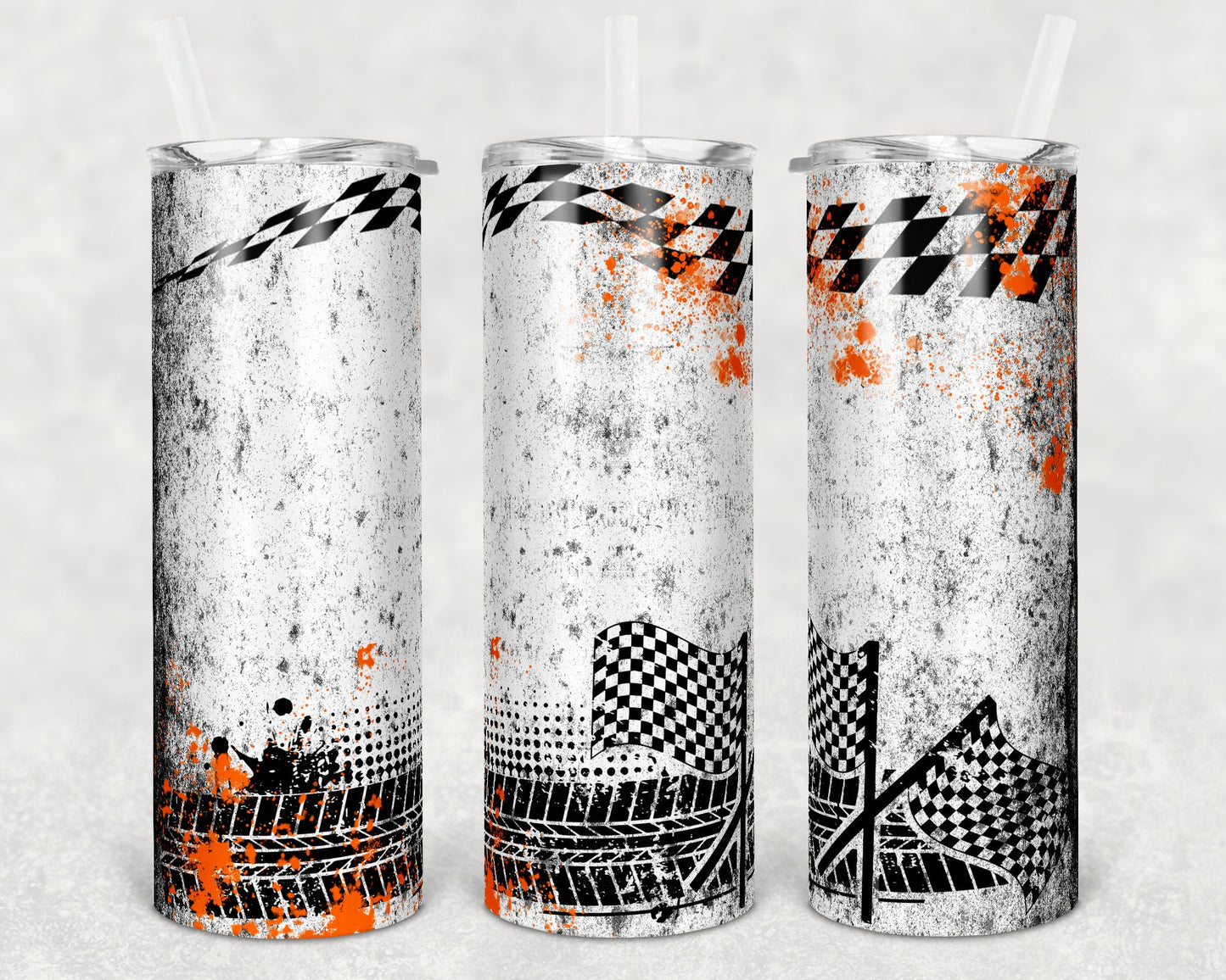 20 oz Skinny Tumbler Sublimation Design Racing Race Orange Splatter Checkered Tumbler