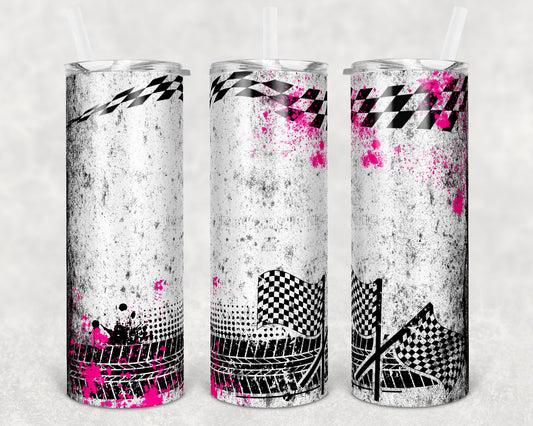 20 oz Skinny Tumbler Sublimation Design Racing Race Pink Splatter Checkered Tumbler