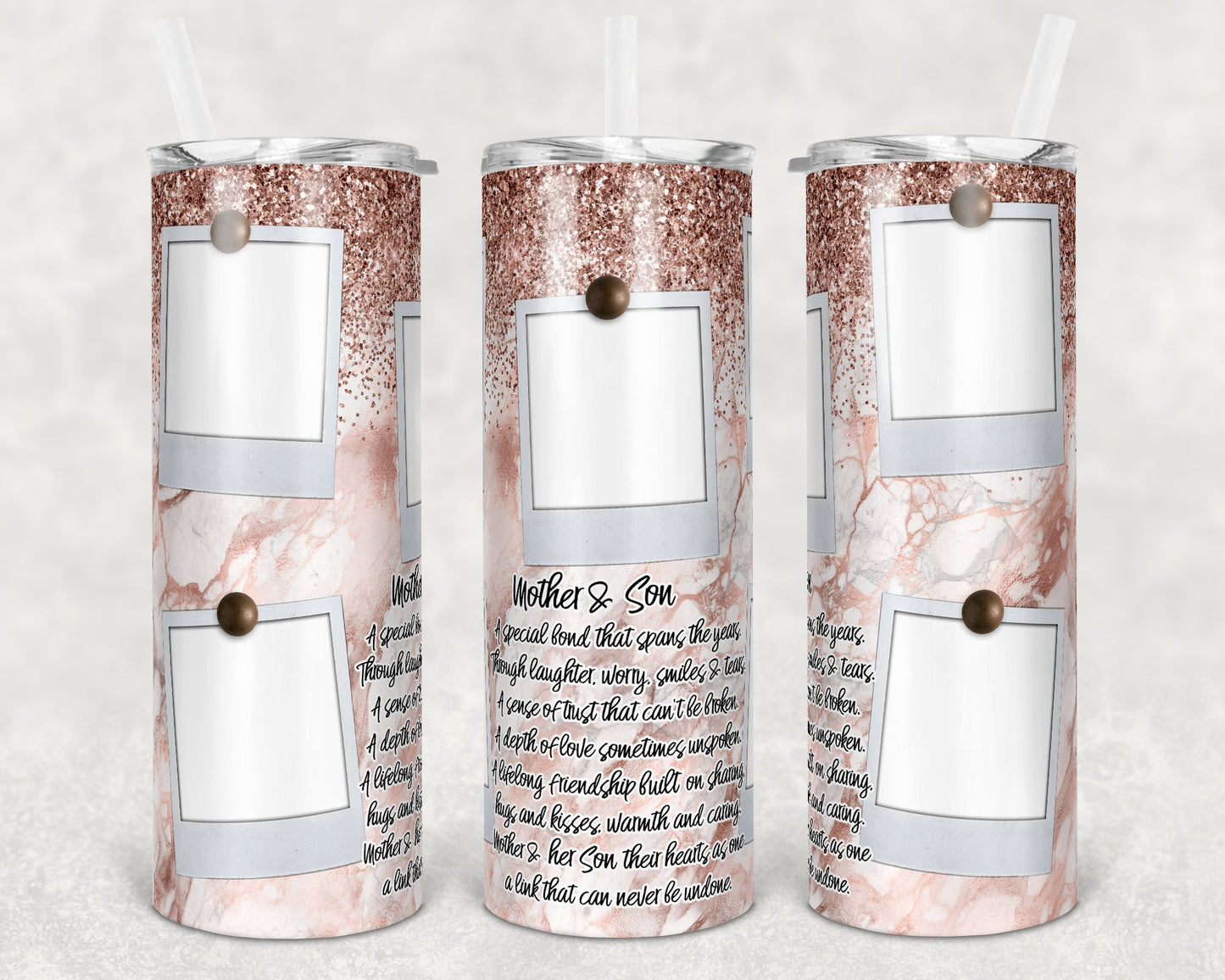 20 oz Skinny Tumbler Picture Frame Seamless Mother Son Marble Sublimation Design