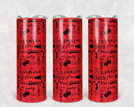 20 oz Skinny Tumbler Cheer Red Glitter Cheer Words Cheerleading Sublimation Design