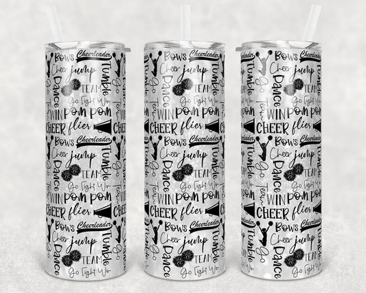 20 oz Skinny Tumbler Cheer White Glitter Cheer Words Cheerleading Sublimation Design