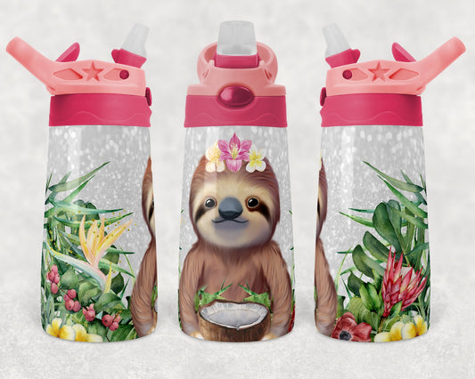 Kids colored flip top water bottles Sublimation Design Template Glitter Sloth white Tumbler