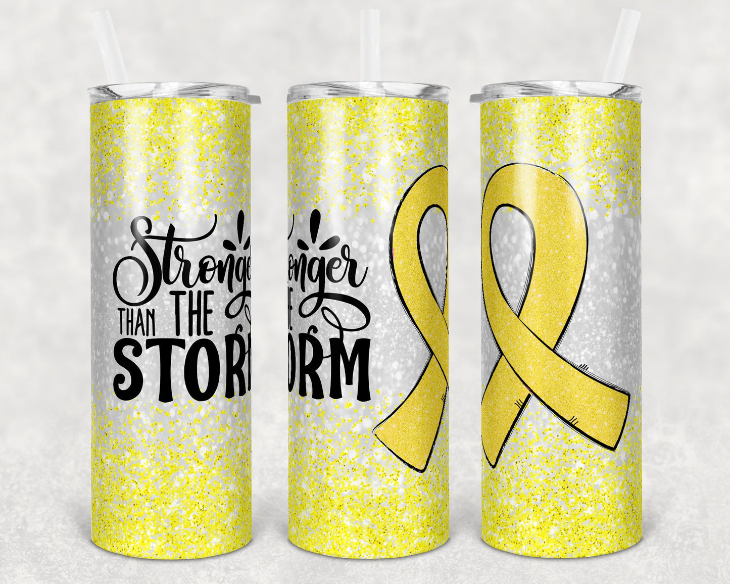 20 oz Skinny Tumbler Sublimation Glitter Yellow Cancer Awareness Straight and Warped Design