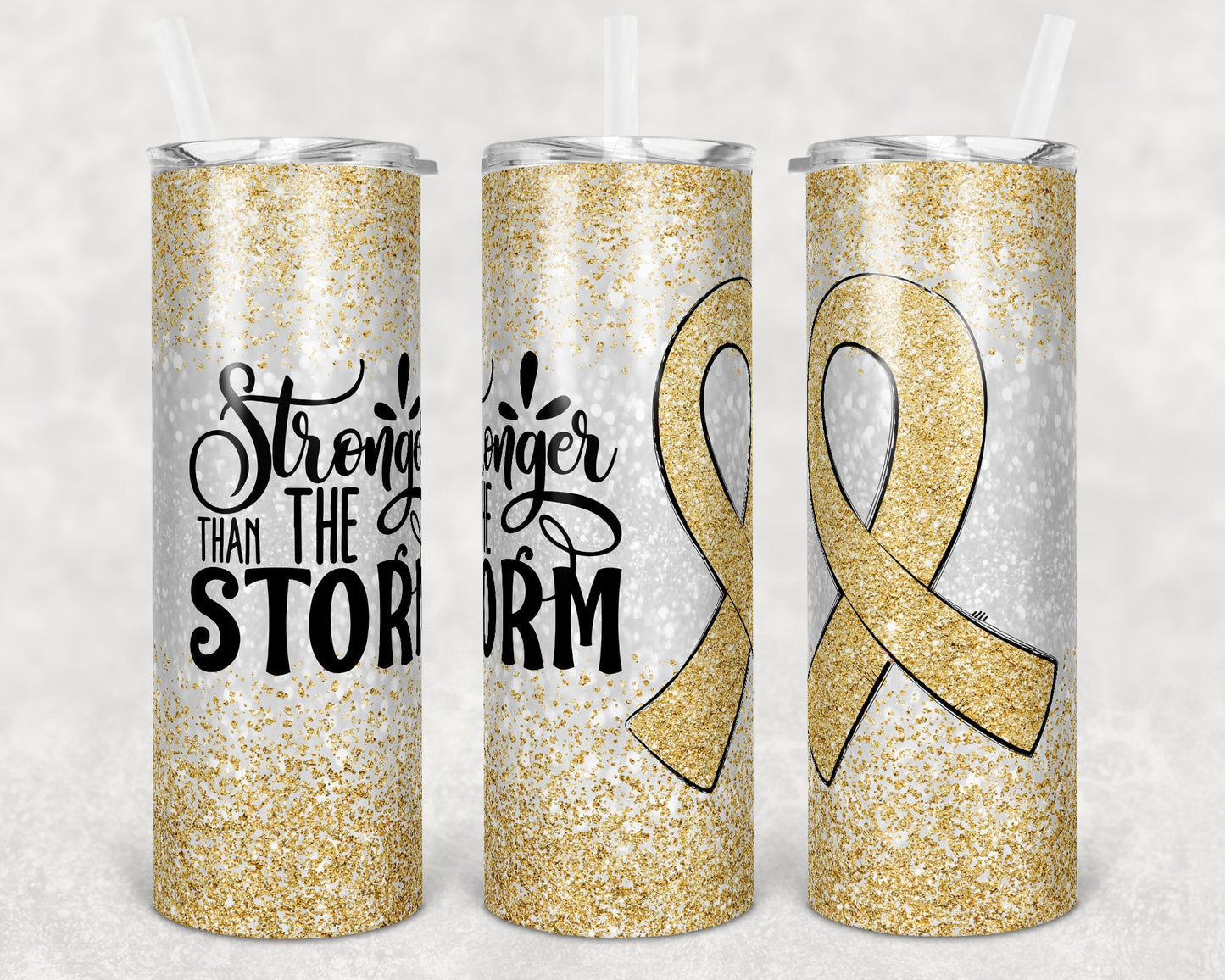 20 oz Skinny Tumbler Sublimation Glitter Gold Childhood Cancer Awareness Straight and Warped Design