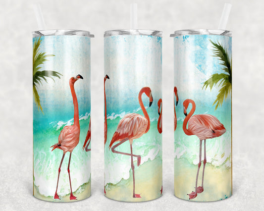 20 oz Skinny Tumbler watercolor beach Flamingo Sublimation Design Print Transfer
