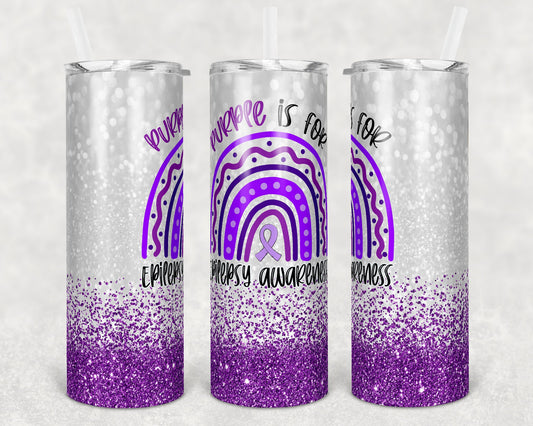 20 oz Skinny Tumbler Sublimation Glitter Purple Epilepsy Awareness Straight and Warped Design