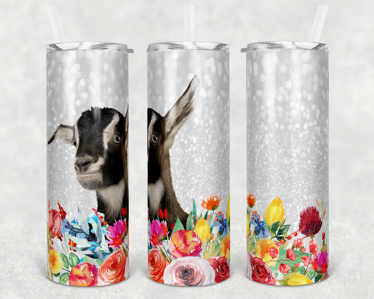 20 oz Skinny Tumbler Sublimation Design Template Cute Lamacha Goat Wildflowers Straight and Warped