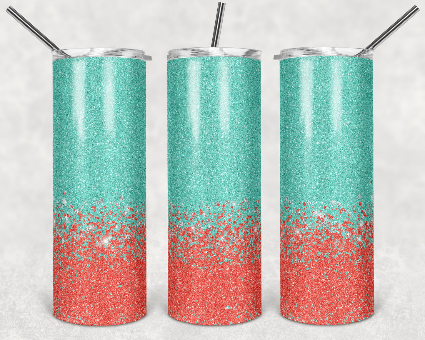 20 oz Skinny Tumbler Sublimation Design Glitter Confetti Coral teal Straight and Warped Design